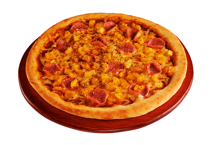 Pizza familiar de 36 cm (8 porciones) con Mozzarella, jamón ahumado y piña hawaiiana