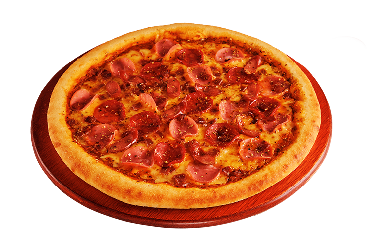 Pizza familiar de 36 cm (8 porciones) con Mozzarella, jamón ahumado, pepperoni italiano, salchicha Frankfurt, tocino ahumado