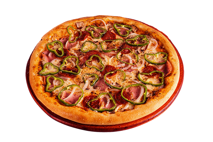 Pizza familiar de 36 cm (8 porciones) con Mozzarella, jamón, pepperoni, pimiento, cebolla perla y champiñones